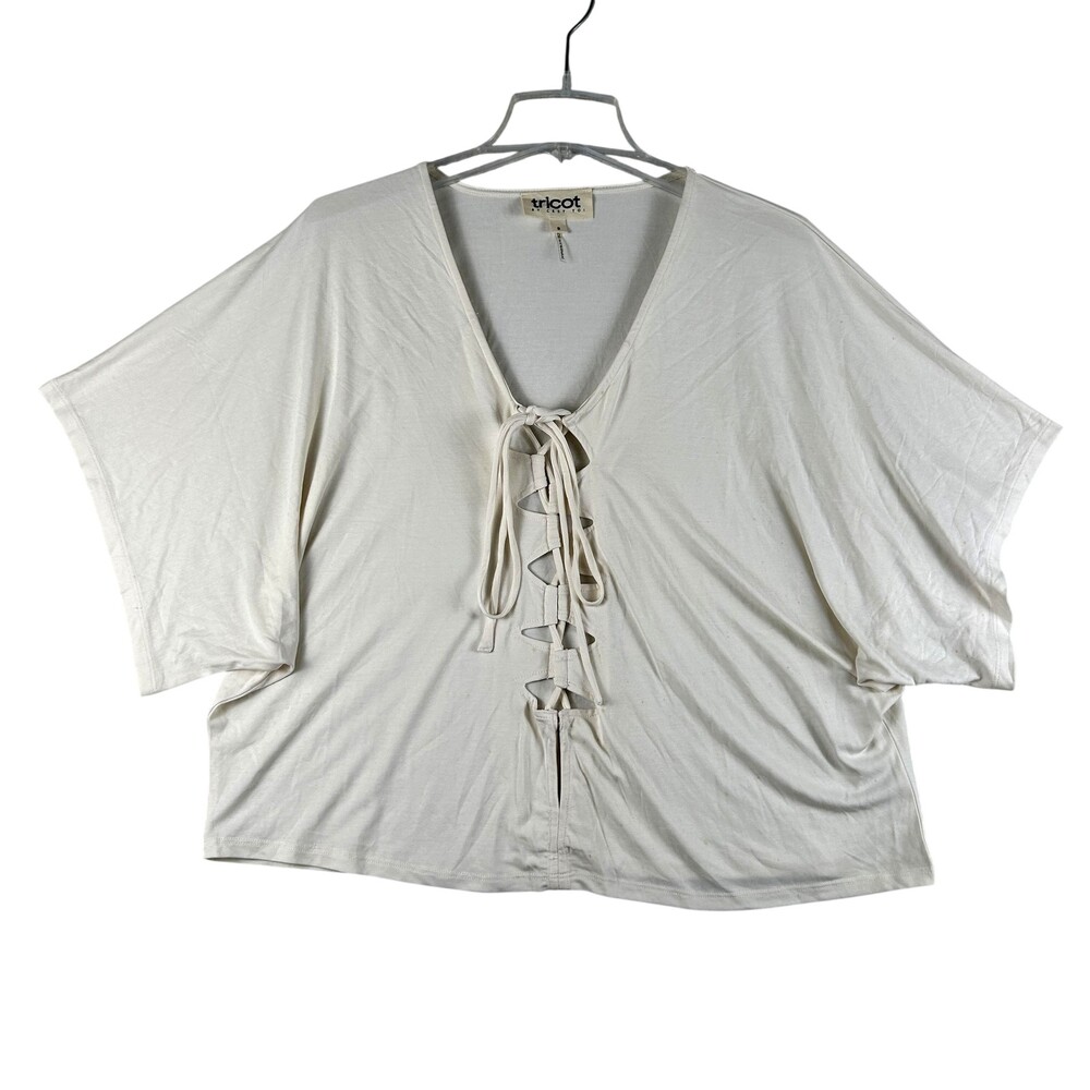 Tricot By Cest Toi Top Womens Small White Lace Up Dolman Jersey Blouse V-Neck